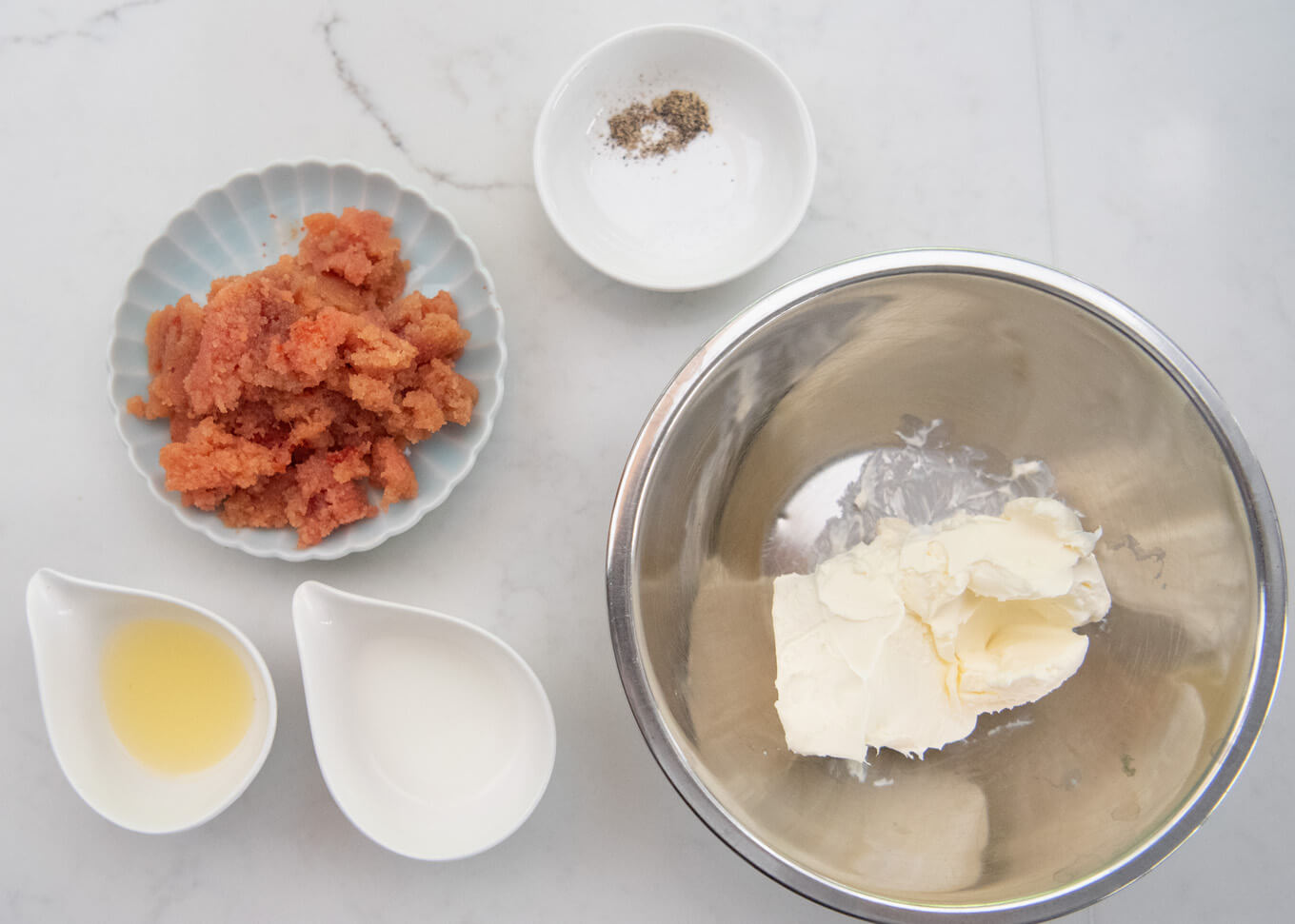 Ingredients for Cream Cheese Dip with Spicy Pollock Roe.