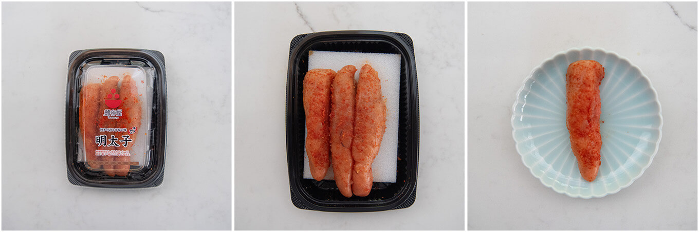 Mentaiko that I used - showing i in a pack, and a single sac.