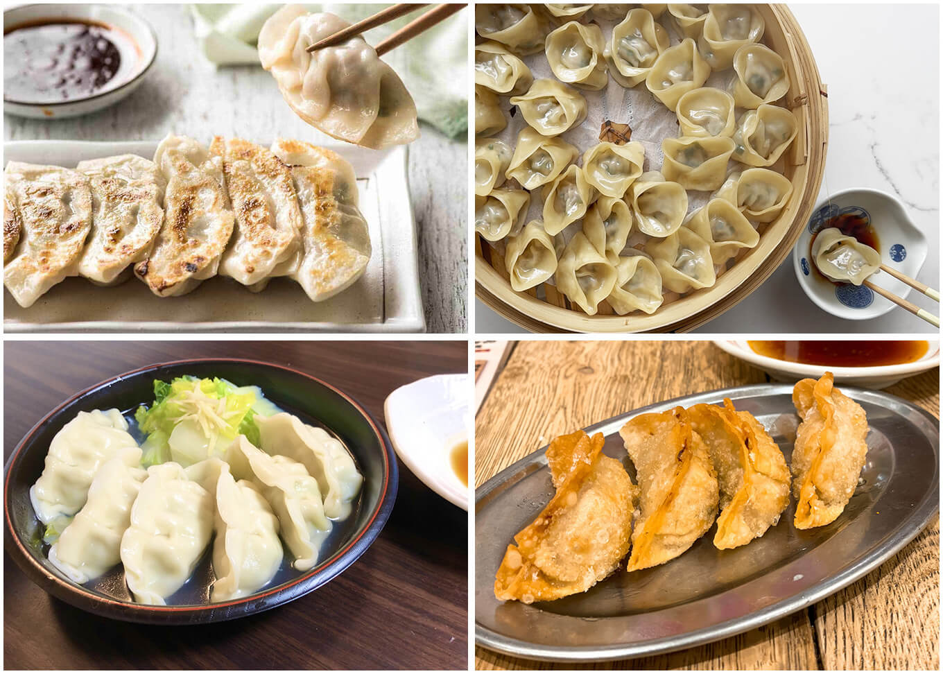 Four methods of cooking gyoza - pan-fried, steamed, boiled, and deep-fried.