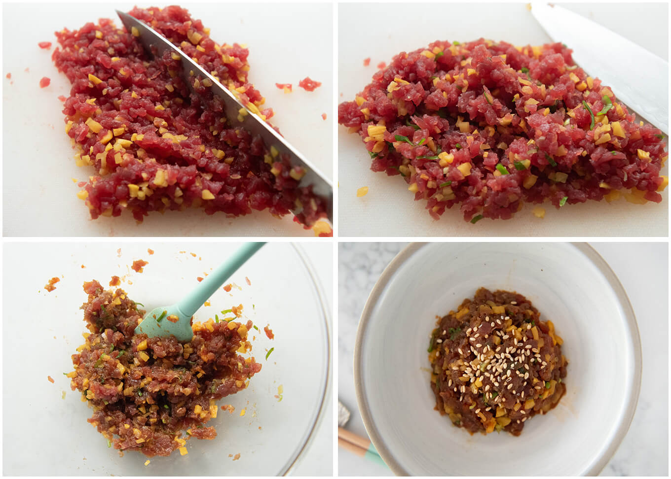 Step-stp photo of making Spicy Tuna Tatare with Pickled Daikon.