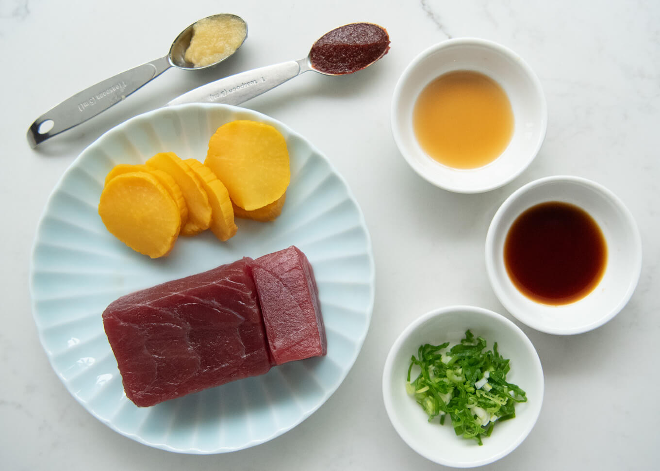 Ingredients for Spicy Tuna Tatare with Pickled Daikon.