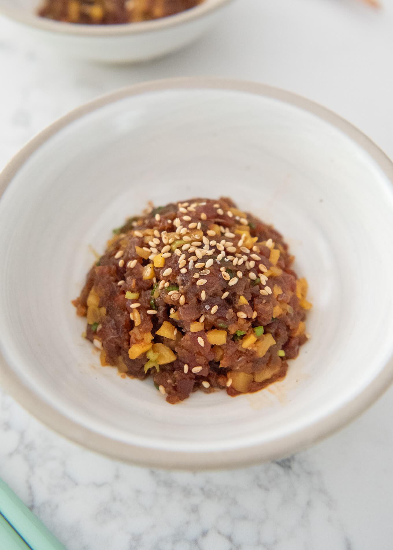 Hero shot of Spicy Tuna Tatare with Pickled Daikon.