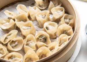 Zoomed-in photo of Steamed Gyoza Dumplings.
