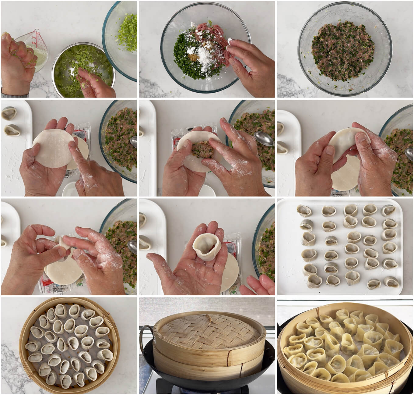 Step-by-step photo of making Steamed Gyoza Dumplings.