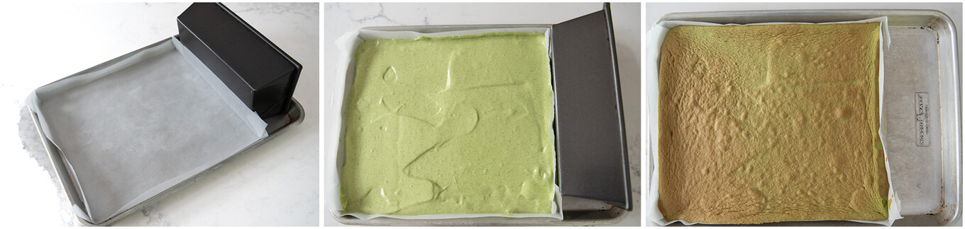 Making Matcha Roll Cake using a rectangular tray.