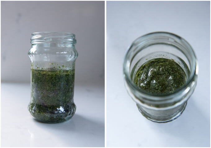 Preparing Shiso Pesto in a jar for freezing.