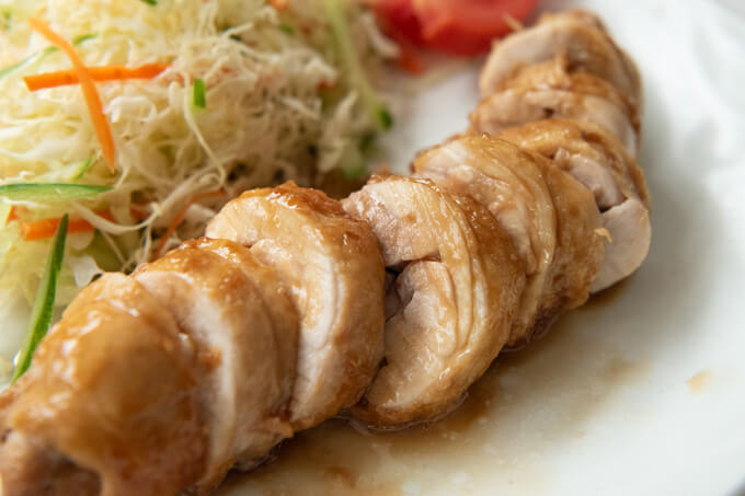 Zoomed-in photo of Japanese-style Char Siu Chicken.