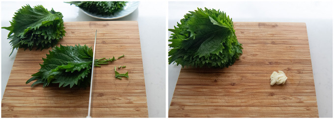 Preparing shiso and garlic before blitzing the ingredients.