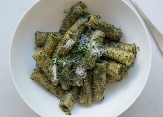 Top down photo of Shiso Pesto Pasta.