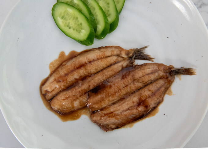 Top down photo of Sardine Kabayaki.
