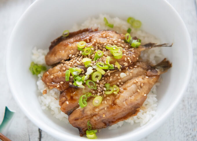 Sardine Kabayaki Don - sardine kabayaki on rice bowl.
