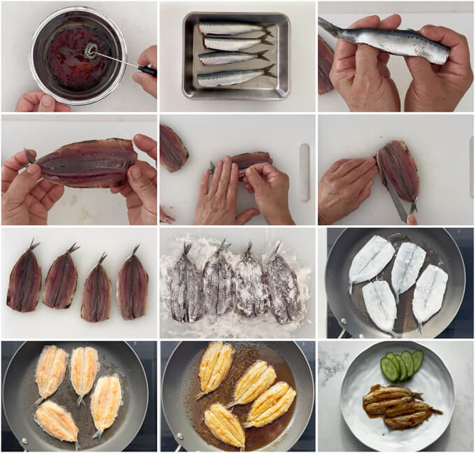 Atep-by-step photo of making Sardine Kabayaki.