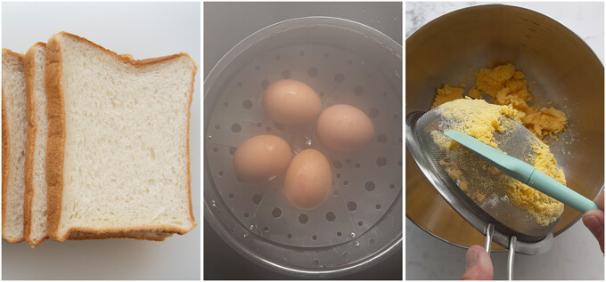 3 of the 4 Tamago Sando secrets - shokupan, steamed eggs, and yolk through a sieve.