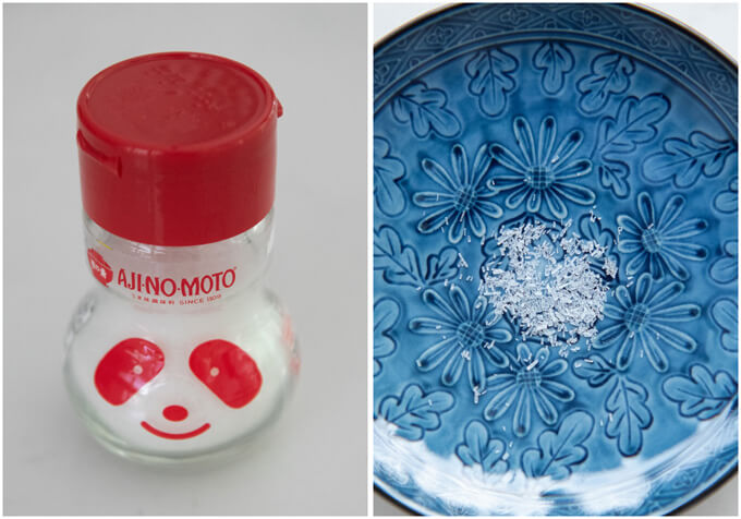 Aji-no-moto in a bottle and on a plate.