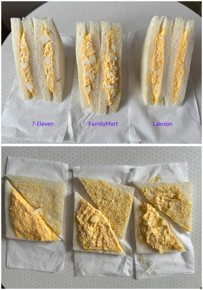 Showing egg filling of the tamago sando from 7-Eleven, FamilyMart, and Lawson. 