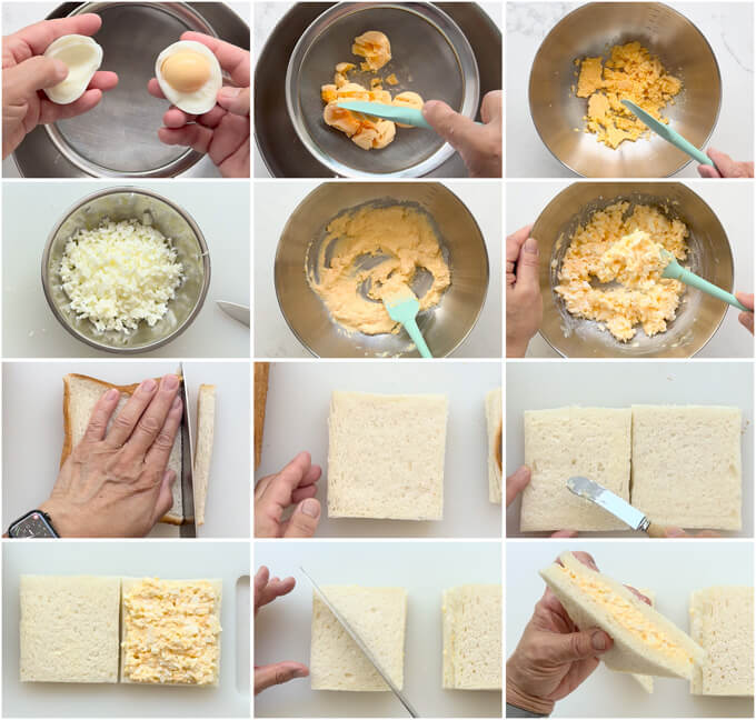 Step-by-step photo of making Japanese 7-Eleven Egg Sandwich (Tamago Sando).