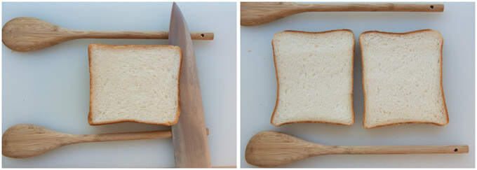 Showing how to slice 4-slice shokupan into 1.5cm thick.