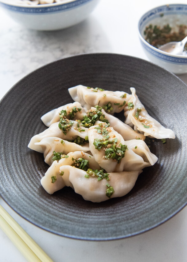 Hero shot of Boiled Gyoza Recipe (Sui Gyoza).