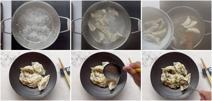 Step-by-step photo of boiling gyoza and serving them with the sauce.