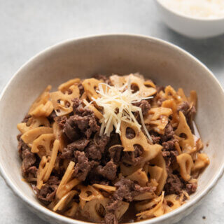 Hero shot of Braised Lotus Roots and Beef (Shigureni).