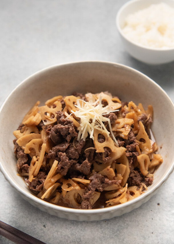 Hero shot of Braised Lotus Roots and Beef (Shigureni).