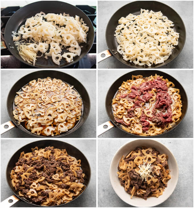 Step-by-step photo of making Braised Lotus Roots and Beef (Shigureni).
