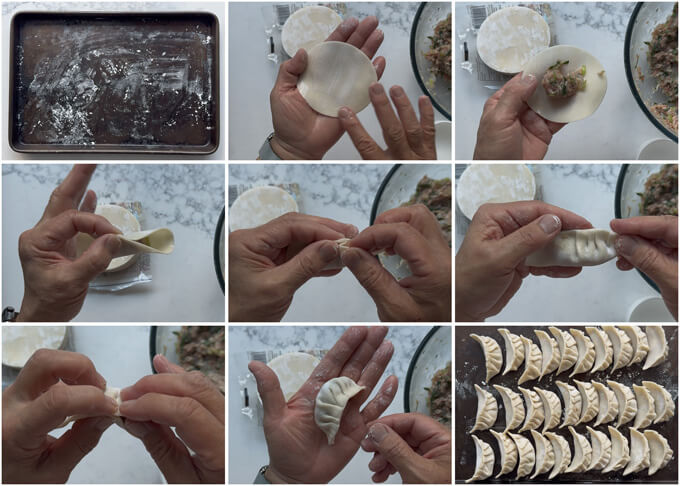 Step-by-step photo of making gyoza dumplings.
