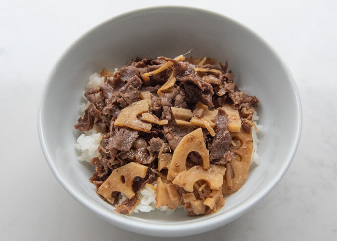 Braised Lotus Roots and Beef (Shigureni) on rice.