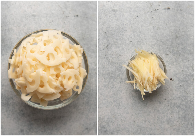 Thinly sliced lotus root pieces and julienned ginger.