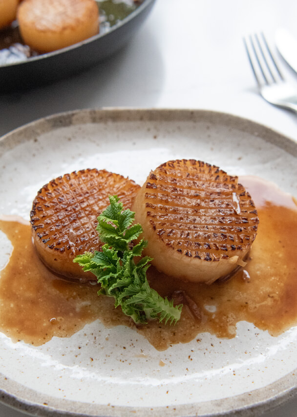 Hero shot of Daikon Steak with Garlic Butter Soy Sauce.