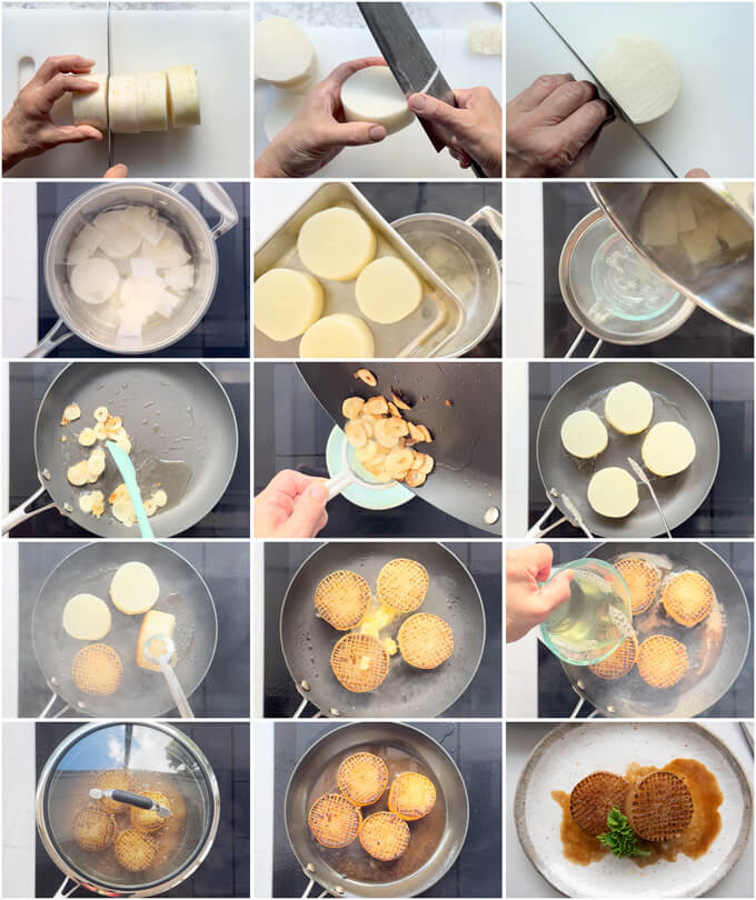 Step-by-step of making Daikon Steak with Garlic Butter Soy Sauce.