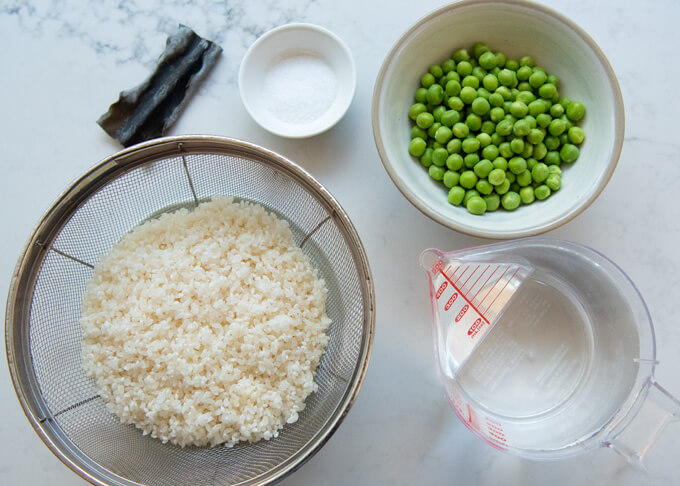 Ingredients for Japanese Green Pea Rice (Mame Gohan).