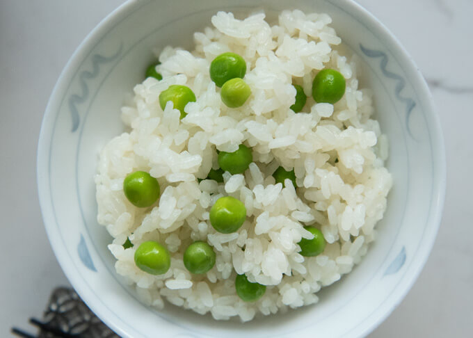 Top-down photo of Japanese Green Pea Rice (Mame Gohan).