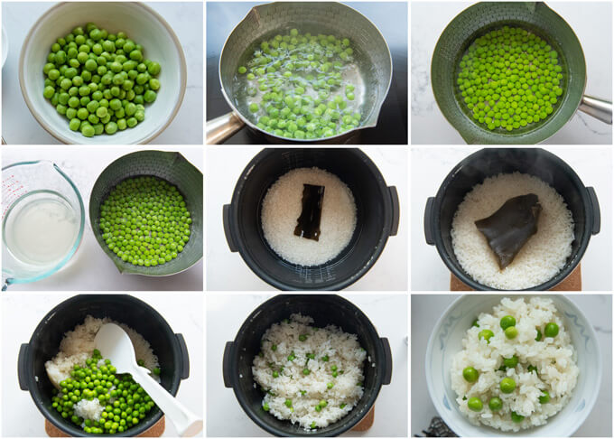 Step-by-step photo of making Japanese Green Pea Rice (Mame Gohan).