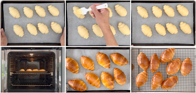Step-by-step photo of basting the proofed rolls and baking.