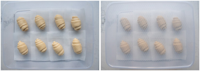 Rolled dough are put in a plastic container to be placed in the fridge overnight.