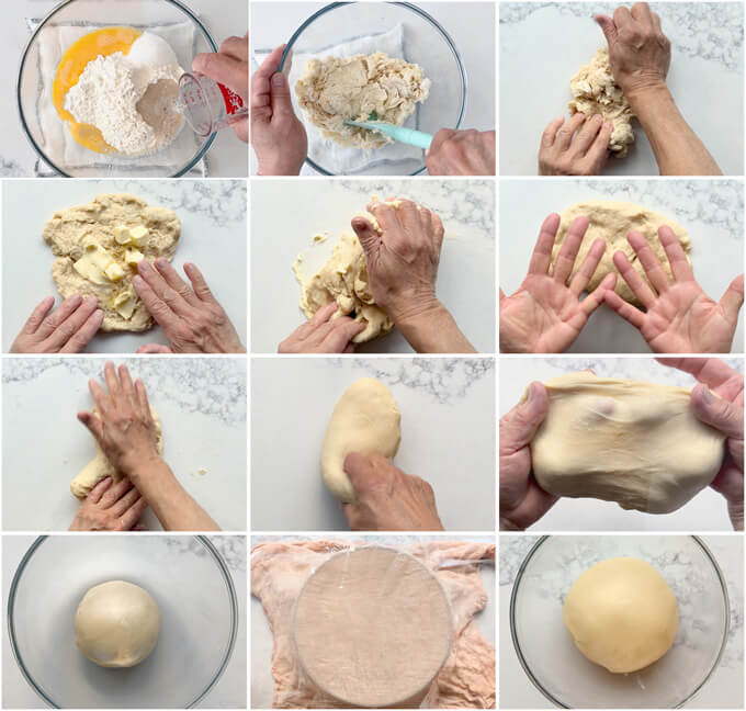 Atep-by-step photo of making mixing and kneeding dough ready for 1st rise.