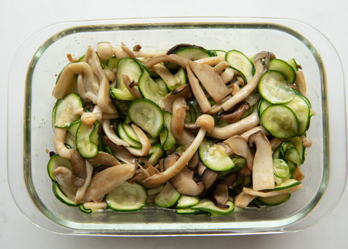 Top down photo of Marinated Sautéed Mushrooms and Zucchini.