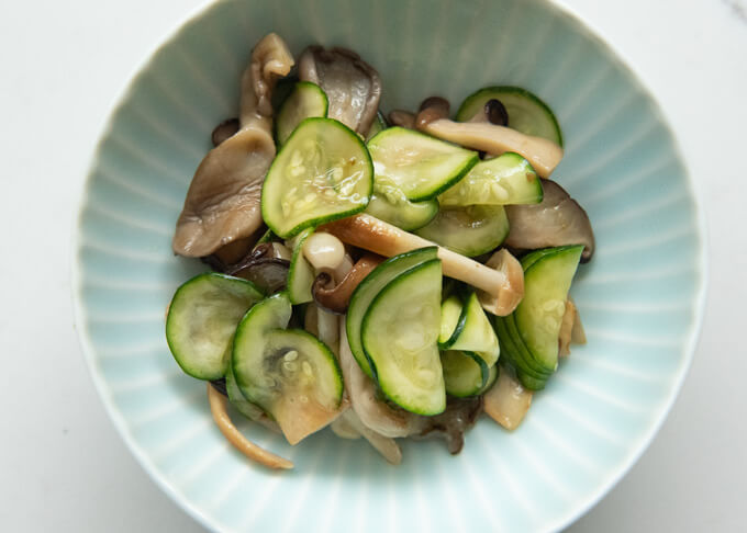 Marinated Sautéed Mushrooms and Zucchini served as a side.