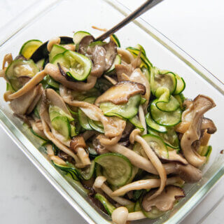 Hero shot of Marinated Sautéed Mushrooms and Zucchini.