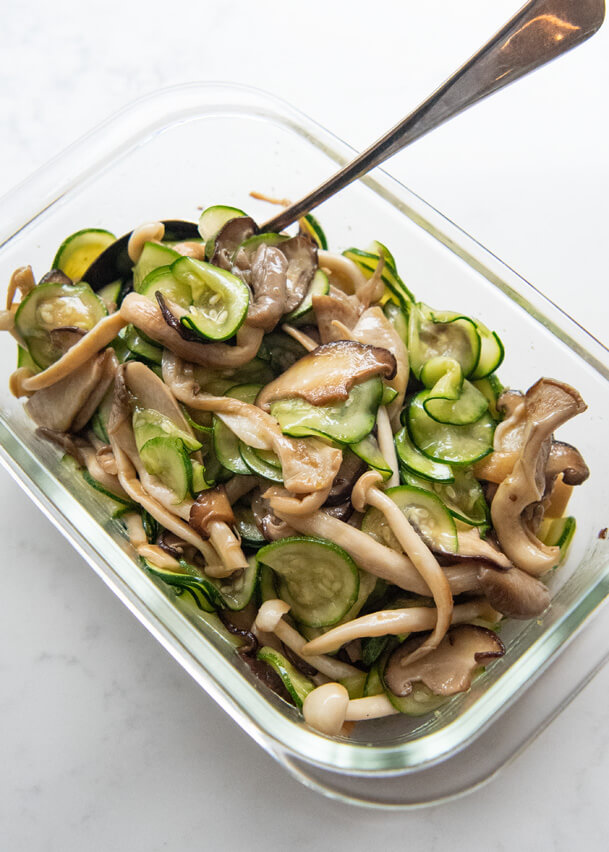 Hero shot of Marinated Sautéed Mushrooms and Zucchini.