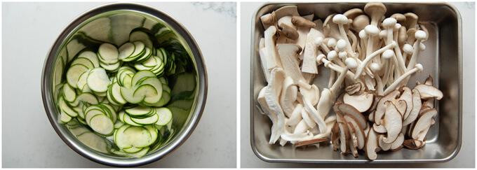 Thinly sliced zucchini and mushroms prepared for sautéing.